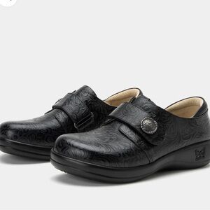 Alegria Black Embossed Leather Adjustable Strap Mules